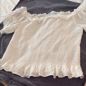 Express Cream Smocked Ruffled Blouse